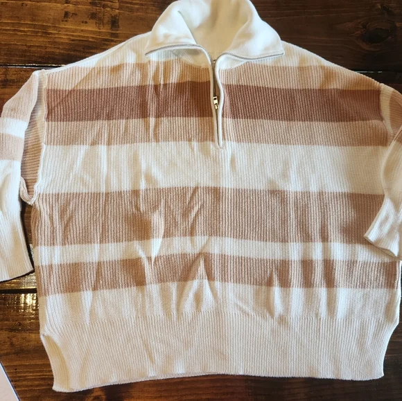 Striped Tan and Cream Women's Sweater - Picture 6 of 8